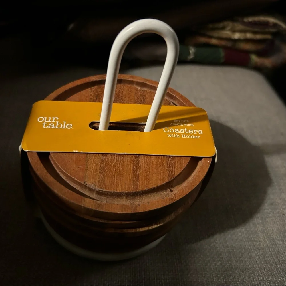 BED BATH & BEYOND Our Table 7-pcs Acacia Wood Coasters w/ Marble Holder#1210254